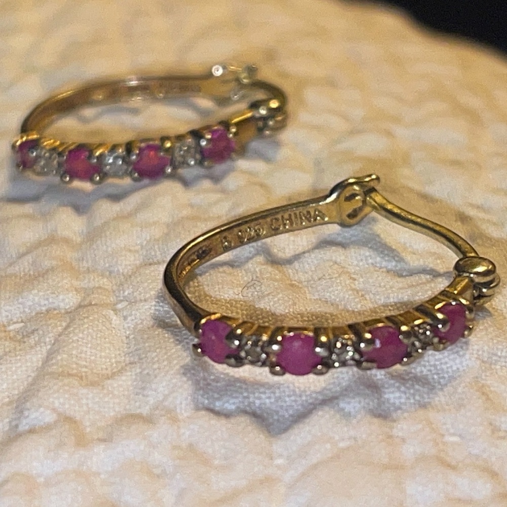 Ross-Simons Pink Ruby & 18k Gold Plate Over Sterling Silver Hoop Earrings
